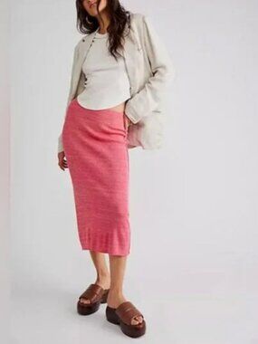 Free People Midi Skirt Golden Hour Sz XL Knit Pull On Boho Preppy Beach